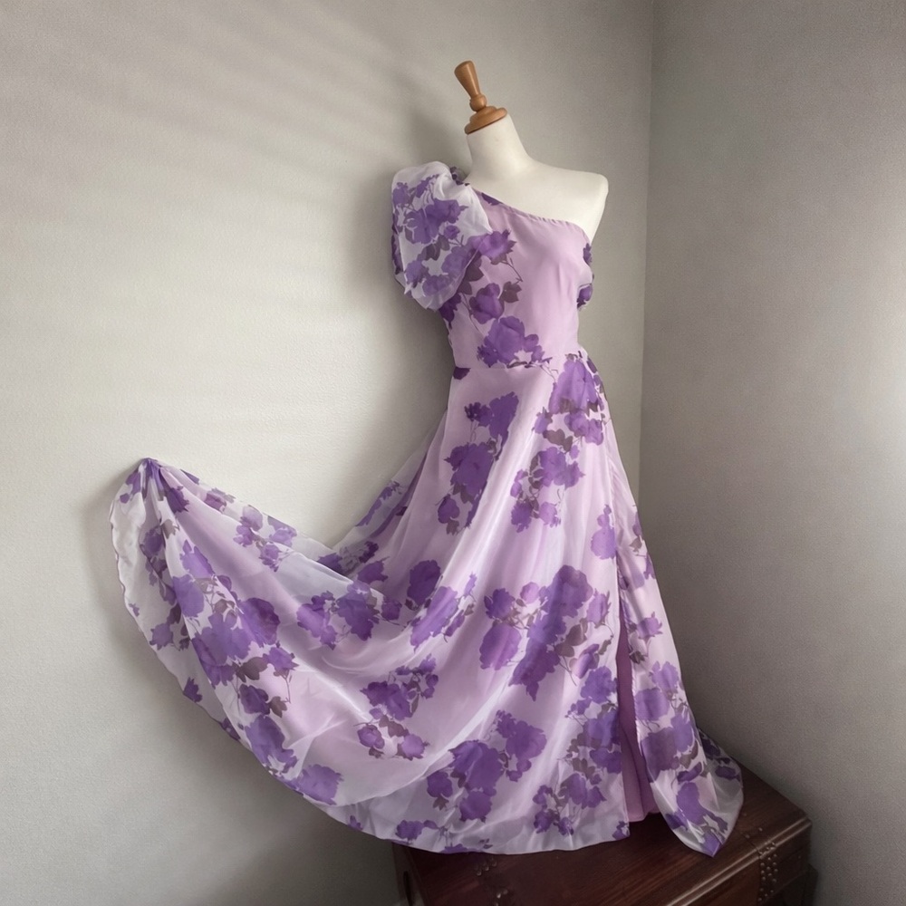 One Shoulder Lavender Floral Organza Gown Wedding Bridesmaid Formal Dress sz 12